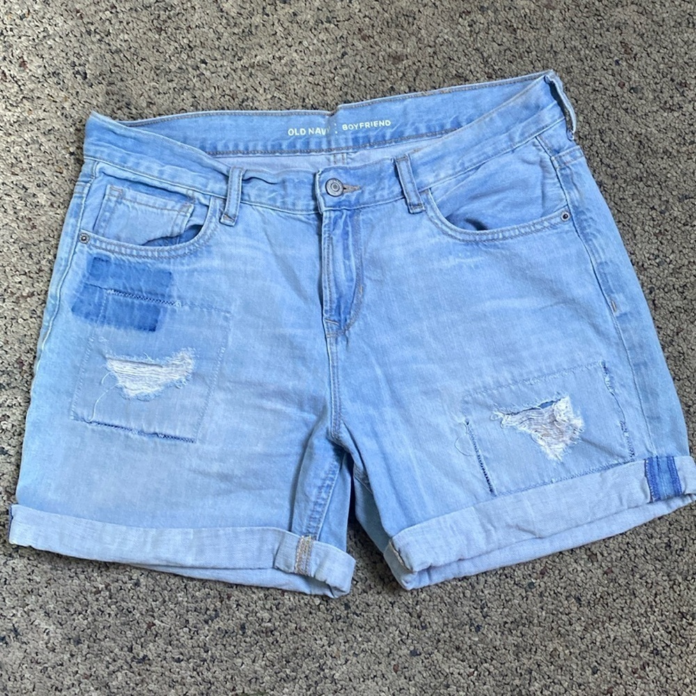 Old Navy Boyfriend Midrise Jean Shorts Roll Cuff Distressed Patches 5”Inseam 6